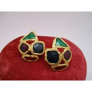 Vintage Etruscan Look Multicolor Enamel Brushed Goldtone Clip on Earrings